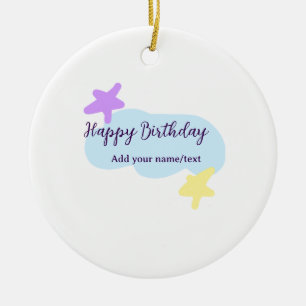 Ornamento De Cerâmica Nuvens azul pastel estrelas roxo feliz aniversário