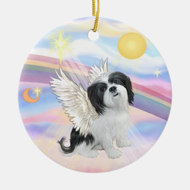 Ornamento De Cerâmica Nuvens - Lhasa Apso (preto e branco) (Frente)