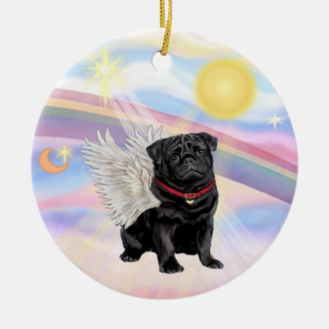 Ornamento De Cerâmica Nuvens - Pug Anjo (preto) (Frente)
