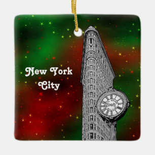 Ornamento De Cerâmica NYC Flatiron Building Red Grn Starry Xmas
