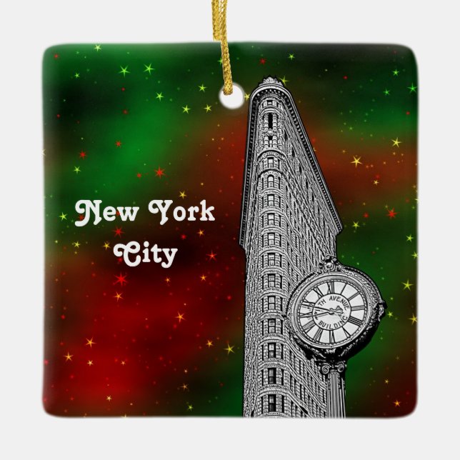 Ornamento De Cerâmica NYC Flatiron Building Red Grn Starry Xmas (Frente)
