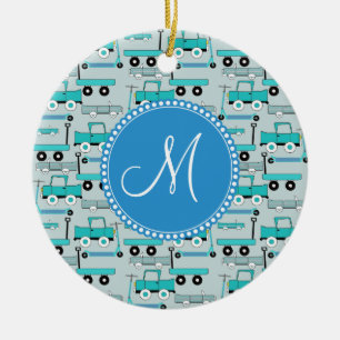 Ornamento De Cerâmica O azul do monograma roda caminhões dos vagões dos