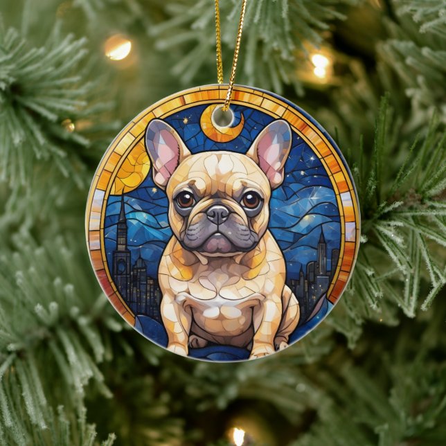 Ornamento De Cerâmica O Buldogue Francês Pastel Stainel Glass City Night (Árvore)