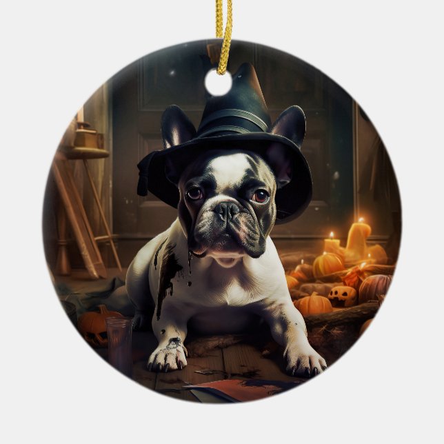 Ornamento De Cerâmica O Bulldog Francês Pumpkins Halloween Assustado (Frente)
