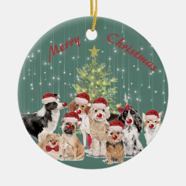 Ornamento De Cerâmica O Cachorro de Natal Feriado Passa Feliz Verde Sant (Frente)