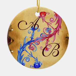ORNAMENTO DE CERÂMICA O CASAMENTO AZUL COR-DE-ROSA RODA MONOGRAMA DA