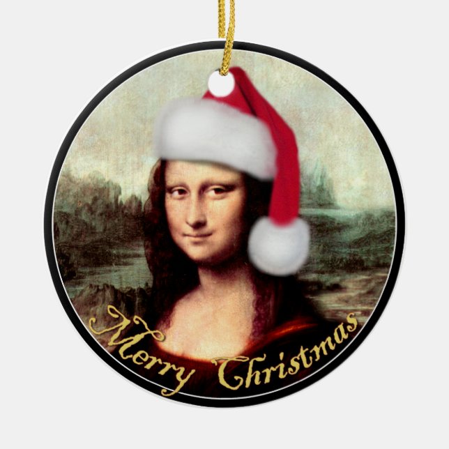 Ornamento De Cerâmica O Chapéu Natal de Mona Lisa (Frente)