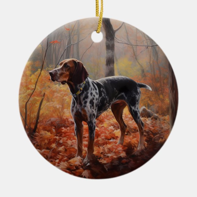 Ornamento De Cerâmica O Conhound Bluetick nas Folhas de outono cai inspi (Frente)