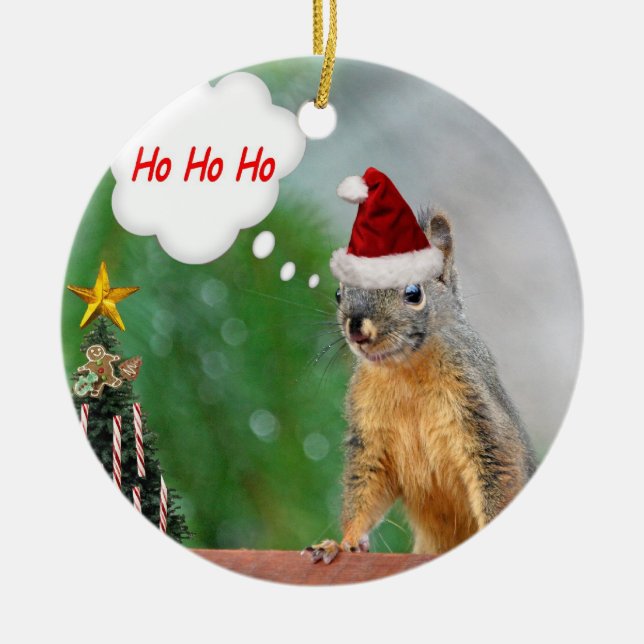 Ornamento De Cerâmica O Feliz Natal Squirrel dizer Ho Ho Ho! (Frente)