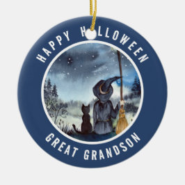 Ornamento De Cerâmica O Gato Negro do Halloween e a Bruxa Noite Estrelad