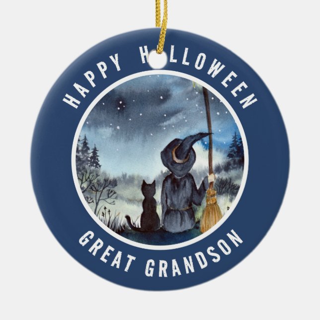 Ornamento De Cerâmica O Gato Negro do Halloween e a Bruxa Noite Estrelad (Frente)