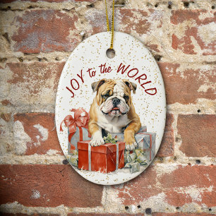 Ornamento De Cerâmica O Natal do Bulldog Oferece Alegria ao Mundo