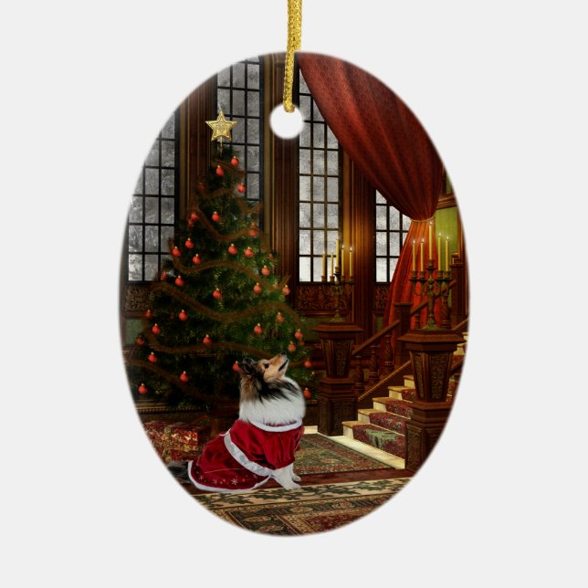 Ornamento De Cerâmica O Natal está aqui! Sheltie (Frente)
