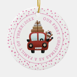 Ornamento De Cerâmica O nosso primeiro Natal como fotografia rosa do car