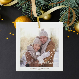 Ornamento De Cerâmica O nosso primeiro Natal de Natal, feriado de fotos