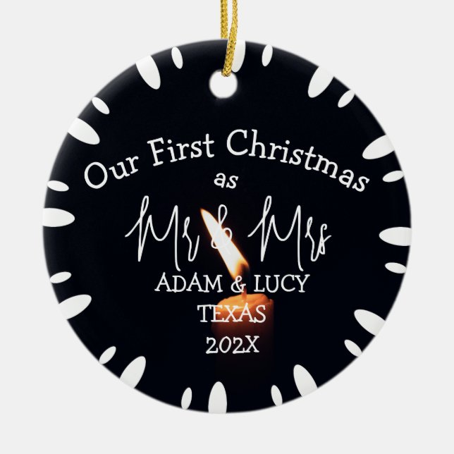 Ornamento De Cerâmica O nosso primeiro Natal, Sr. e Sra. Nova Vela. (Frente)