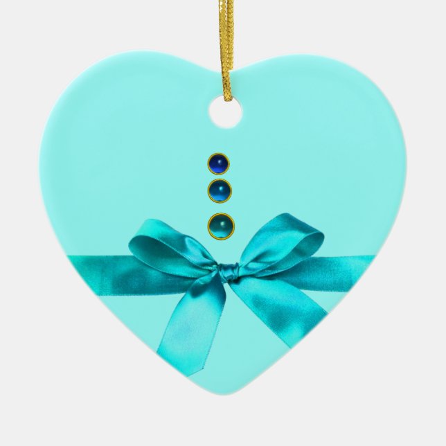 Ornamento De Cerâmica O PRIMEIRO BABY DO NATAL Blue Ribbon Boy Heart (Frente)