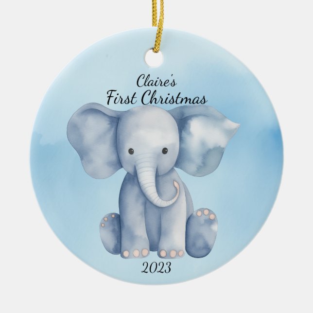 Ornamento De Cerâmica O primeiro elefante de Natal do bebê personalizado (Frente)