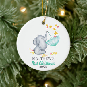 Ornamento De Cerâmica O primeiro elefante e as estrelas de Natal do beb