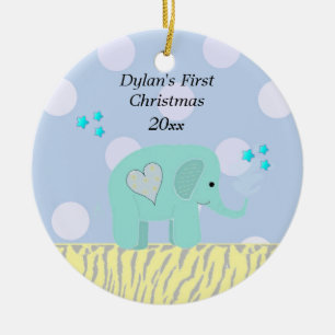 Ornamento De Cerâmica O primeiro Natal do bebê azul do elefante