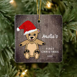 Ornamento De Cerâmica O Primeiro Natal do Bebê é Madeira Teddy Bear Sant
