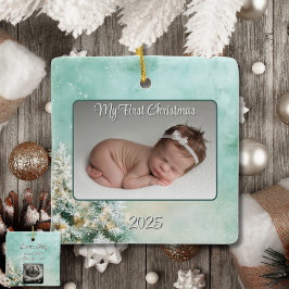 Ornamento De Cerâmica O primeiro Natal do Bebê é verde/teal