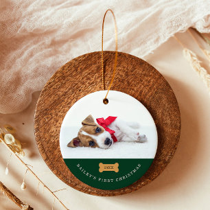 Ornamento De Cerâmica O Primeiro Natal do Seu Cachorro   Verde com duas 
