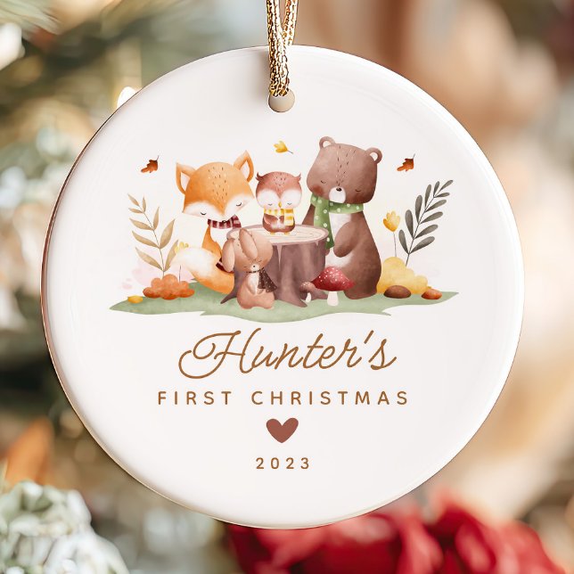 Ornamento De Cerâmica O Primeiro Natal do Woodland Photo Baby (Criador carregado)