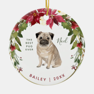 Ornamento De Cerâmica O Pug   do Feliz Natal adiciona a foto do seu cão