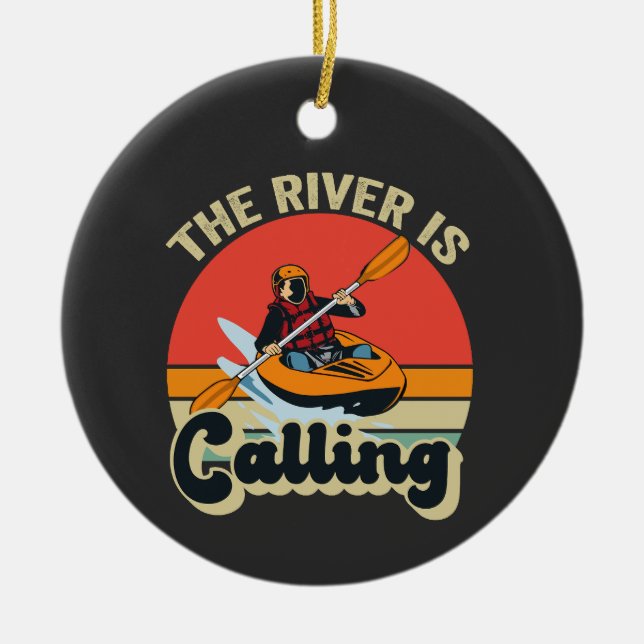 Ornamento De Cerâmica O rio chama Funny Kayak Fora de Retro (Frente)