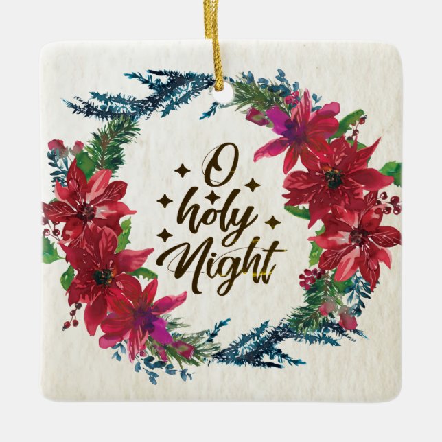 Ornamento De Cerâmica O Santa Noite de Poinsettia Vermelha Personalizada (Frente)
