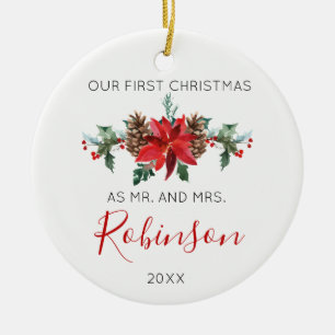 Ornamento De Cerâmica O Sr. do Natal do Newlywed e a Sra. inverno