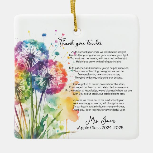 Ornamento De Cerâmica obrigado, professor aposentado, poema de dandelion (Frente)