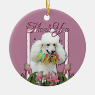 Ornamento De Cerâmica Obrigado - tulipas cor-de-rosa - caniche - branco
