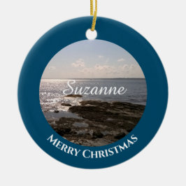 Ornamento De Cerâmica Ocean Blue Photo of the Sea Add Name Christmas