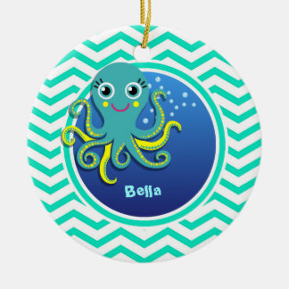 Ornamento De Cerâmica Octopus; Aqua Green Chevron