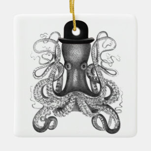 Ornamento De Cerâmica Octopus Vestindo Chapéu de Bowler, Vintage, Octop