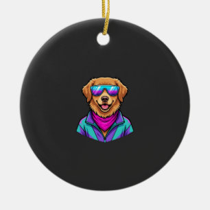 Ornamento De Cerâmica Óculos de Sol de Cachorro Fofo Arte Neon Retro_1