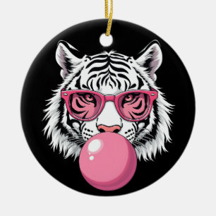Ornamento De Cerâmica Óculos de Visto Tigre e Goma-Bolha Rosa Piscada