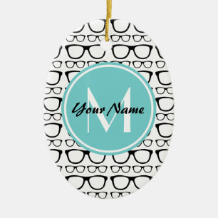 Ornamento De Cerâmica Óculos Pretos Monogramados Nome Personalizado Aqua