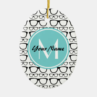 Ornamento De Cerâmica Óculos Pretos Monogramados Nome Personalizado Aqua