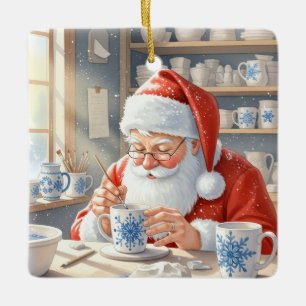 Ornamento De Cerâmica Oficina de Papai Noel de Aquarela Vermelha de Nata