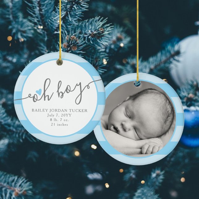 Ornamento De Cerâmica OH BOY Blue Heart Stripes Baby's 1rua Christmas (Criador carregado)