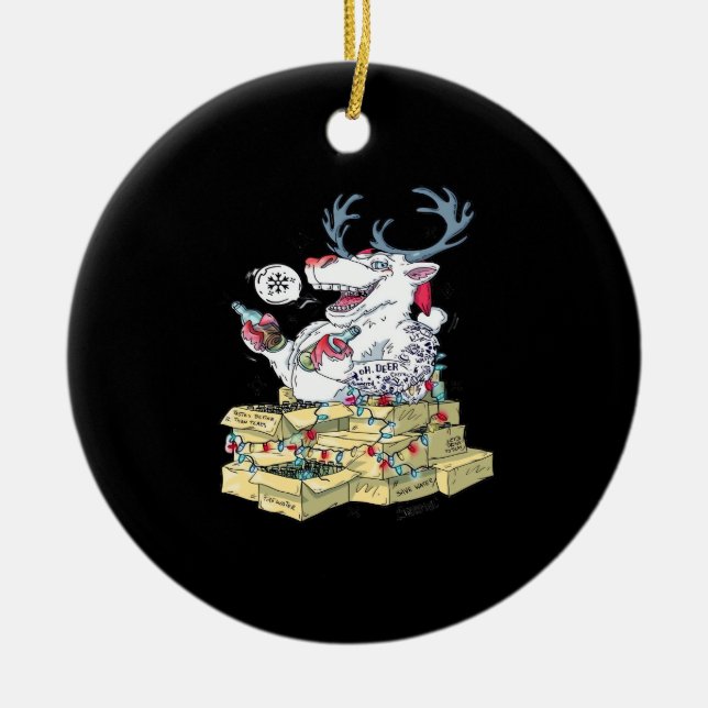 Ornamento De Cerâmica Oh Deer Drunk Reindeer Celebrating ChristmOrnament (Frente)