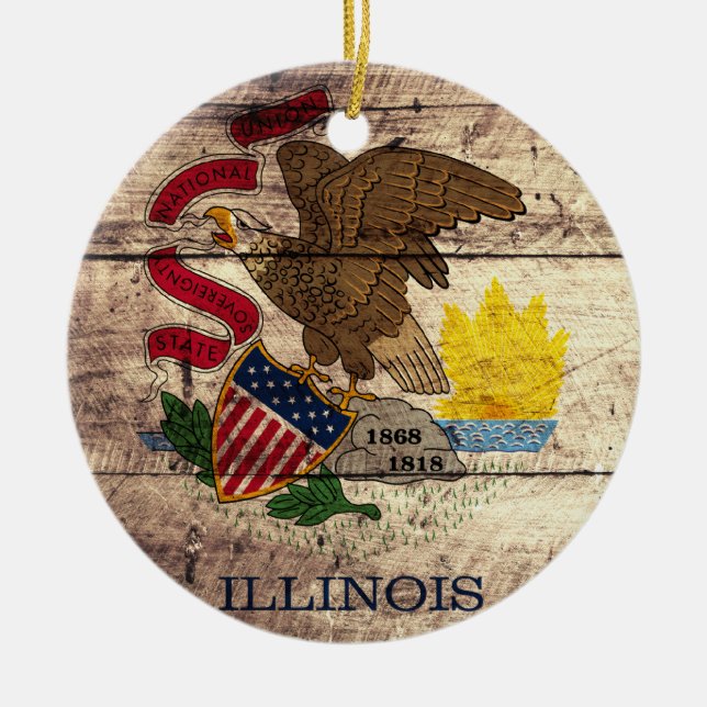Ornamento De Cerâmica Old Wood Illinois Flag; (Frente)