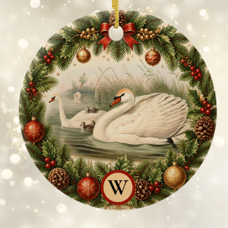 Ornamento De Cerâmica Olhar Vintage Cisne e Cisinha Personalizado Natal