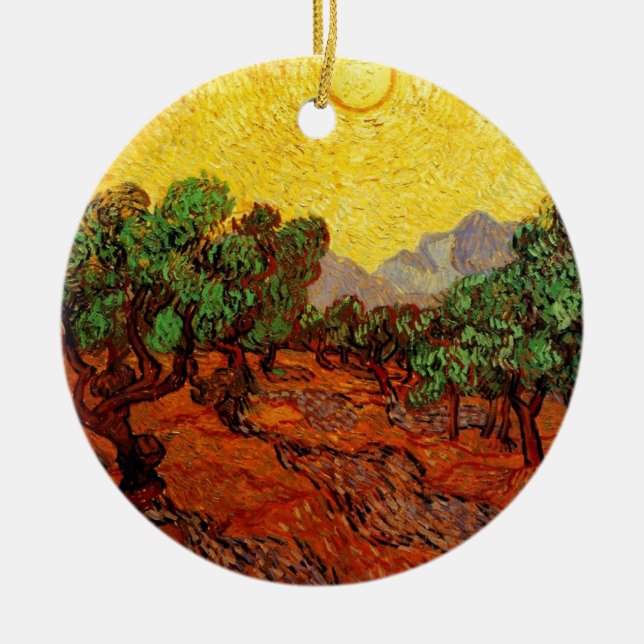 Ornamento De Cerâmica Oliveiras com céu amarelo e sol (Frente)