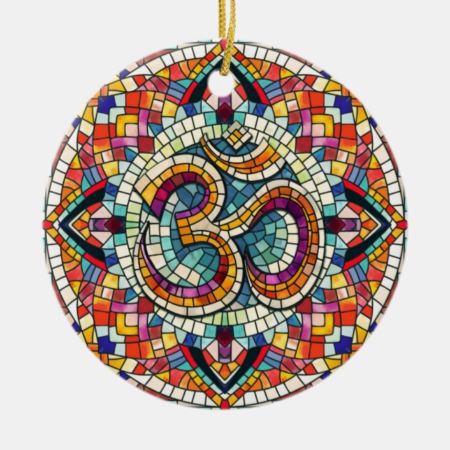 Ornamento De Cerâmica OM Símbolo Lotus Mandala Mosaico (Frente)
