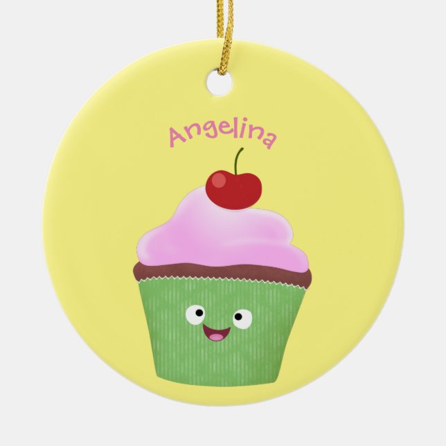 Ornamento De Cerâmica Óptica ilustração do desenho animado do cupcake fe (Frente)