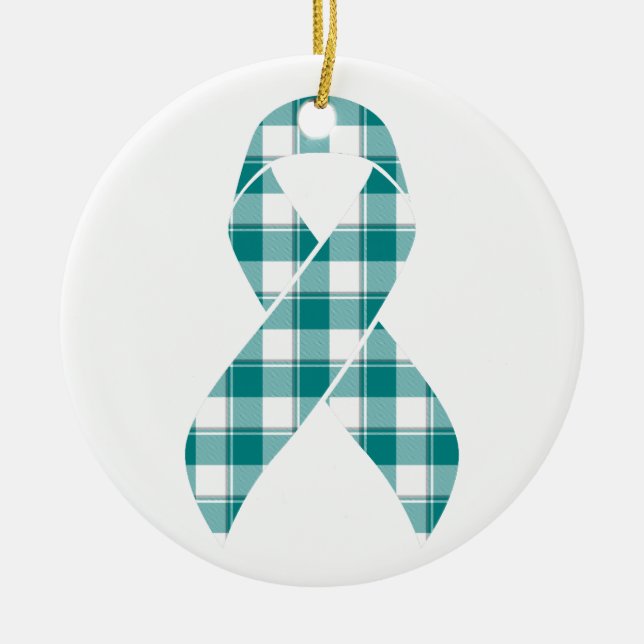 Ornamento De Cerâmica Oral Cancer Awareness Plaid Teal Ribbon (Frente)